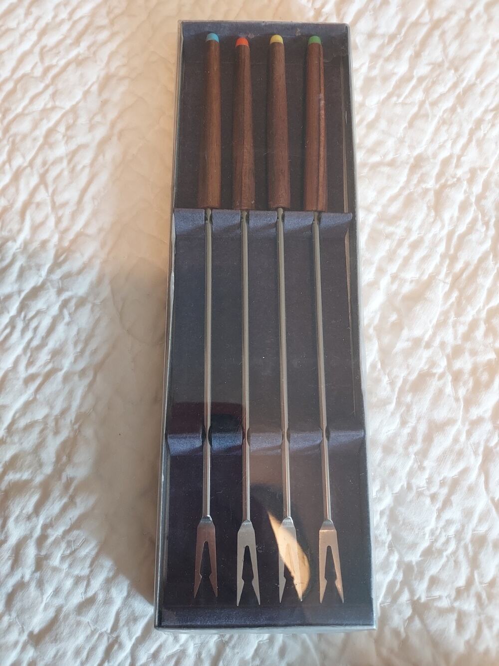 NEW Vintage Fondue Forks Lot of 4 colored tops Walnut or Teak wood handles Japan